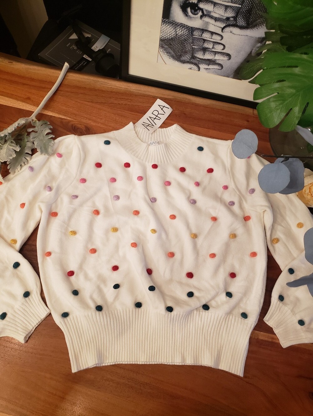Kpop kawaii ARA Merino Wool Pom Pom Sweater XL Ivory Multicolor Polka Dot Whimsi